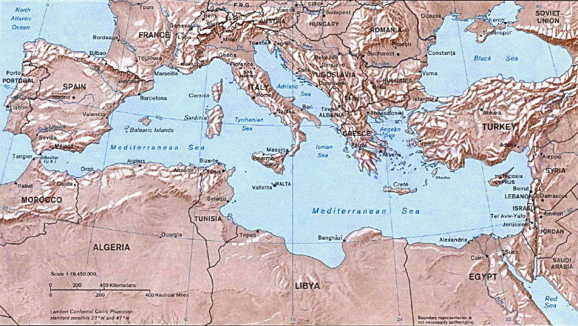 topographical map of the Mediterranean